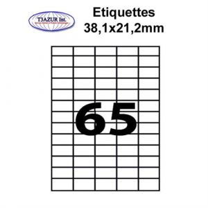 Étiquettes adhésives, 38,1x21,2mm, (65étiquettes/feuille) - blanc - 20 feuilles -T3AZUR