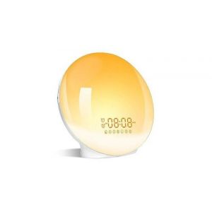 Eveil lumière led radio réveil matin lumineux lampe de chevet 20 niveaux de luminosité simulateur d'aube et crépuscule 2 réveils 7 sons naturels