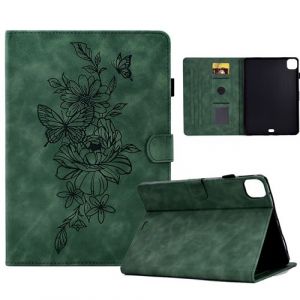 &Eacute;tui pour iPad Pro 11 pouces 2024 M4 PU Cuir Poche Cas Flip Coque Protection avec Veille/Sommeil Housse Stand Case Gaufrage Papillon Pleur ZURSANA Vert