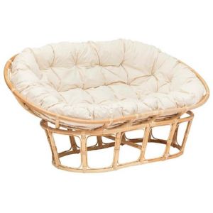 Banquette 2 places ,canape rembourre en tissu beige et rotin naturel - Longueur 170 x Profondeur 81 x Hauteur 108 cm -PEGANE-