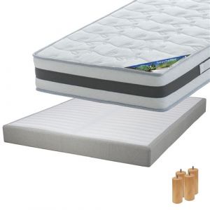 SEYCHELLES - Pack Matelas 140x190 + Sommier Tapissier Démontable 2x20 Lattes Lin + Pieds Bois 15cm - Altobuy