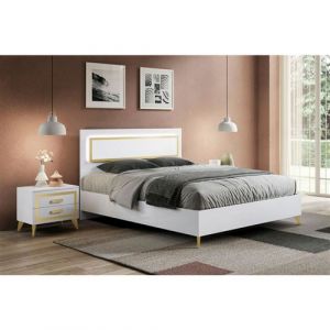 Ensemble Lit 160x200cm T&ecirc;te Rembourr&eacute;e avec Leds + 2 Chevets Laqu&eacute;s Blanc et Or - JEMMA - ALTOBUY