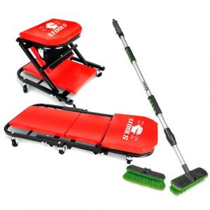 Chariot de Visite BM TOOLS M&eacute;canicien Convertible en Si&egrave;ge d'Atelier - Garagiste / 2en1 - Balai brosse de nettoyage &agrave; eau