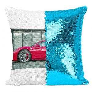 Fabulous Coussin avec Housse Sequin - Paillettes Turquoise Voiture de Sport Ferrari Rouge de Côté [40 x 40 cm]