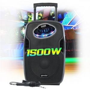 Enceinte active 1500W, GEMINI AS-12TOGO sur batterie Sono DJ PA 12 Pouces, USB SD Bluetooth RADIO FM, microphone, Jeu de Lumière