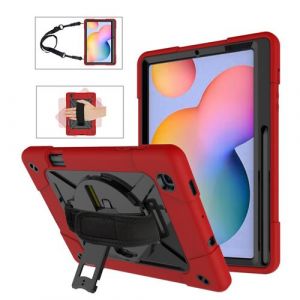 Coque en TPU + Silicone hybride avec béquille pratique pivotante à 360° et dragonne rouge/noir pour votre Samsung Galaxy Tab S6 Lite