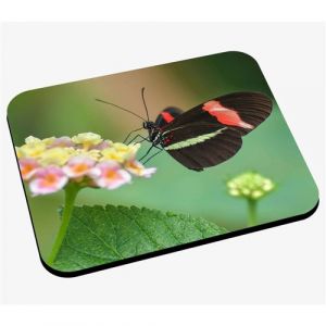 Tapis de souris Papillon noir rouge et vert anis sur fleurs jaunes et roses