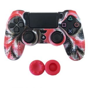 Coque de protection en silicone avec 2 caps pour manette PS4/Slim/Pro - Camouflage rouge