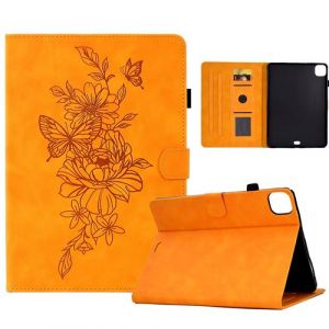 &Eacute;tui pour iPad Pro 11 pouces 2024 M4 PU Cuir Poche Cas Flip Coque Protection avec Veille/Sommeil Housse Stand Case Gaufrage Papillon Pleur ZURSANA Jaune