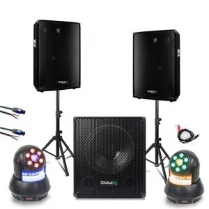 Pack Sono 1400W Total Ibiza - 2 Enceintes 300W DISCO8B - Caisson de Basses SUB15A - 2 Lyres Wash 30W - F&ecirc;te DJ Soir&eacute;e Club Bar