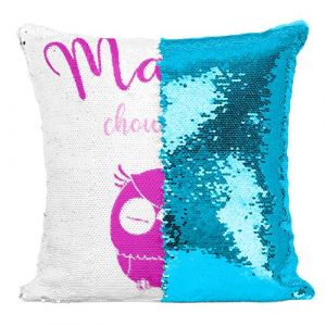 Fabulous Coussin avec Housse Sequin - Paillettes Turquoise Mamie Chouette Grand Mere Hibou [40 x 40 cm]