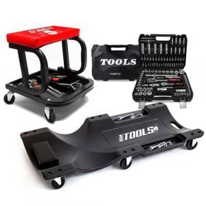 Tabouret Roulant BM TOOLS, Plateau Outils de Rangement avec Chariot de visite et Coffret 108 outils, PACK Garagiste, Mécano Auto