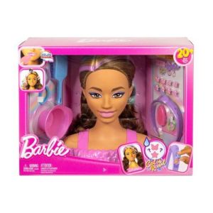 Coffret barbie color reveal - tete a coiffer chevelure brune avec meches + 20 accessoires de coiffure - set poupee + carte tigre