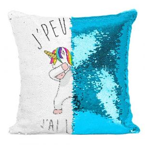 Fabulous Housse de Coussin &agrave; Sequin - Paillettes Turquoise J'Peux Pas J'Ai Licorne Qui Dab [40 x 40 cm]