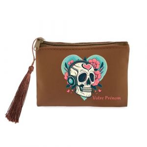 Porte monnaie et porte cles marron Taperso avec motif tete de mort mexicaine coeur et music personnalisable