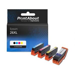 PrintAbout Cartouche d'encre compatible avec Epson 26XL (T2636) - 4 couleurs - Grande capacit&eacute; - Multipack