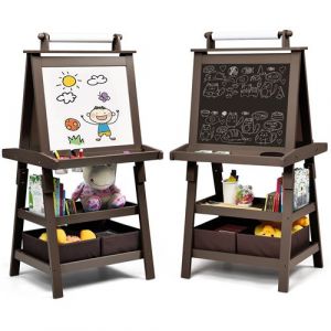 chevalet giantex café 59 x 50 x 117cm pour enfants 3 en 1 tableau de dessin magnétique double faces (tableau blanc + tableau noir) avec rouleau de papier