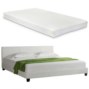Lit capitonn&eacute; de Corium avec matelas (140x200cm)(blanc)(mousse froide) - avec cuir v&eacute;ritable / housse en cuir synth&eacute;tique / moderne / avec lattes /