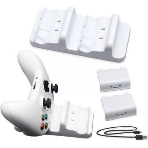 Xbox One S Chargeur double station d'accueil avec 2 batteries et câble de chargement USB pour manette sans fil Xbox One (blanche)