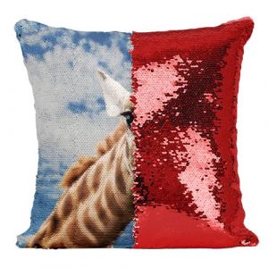 Fabulous Housse de Coussin &agrave; Sequin - Paillettes Rouge Tete de Girafe Afrique Savane Ciel Bleu [40 x 40 cm]