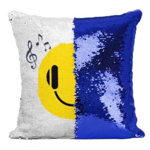 Fabulous Housse de Coussin &agrave; Sequin - Paillettes Bleu Smiley Musique [40 x 40 cm]