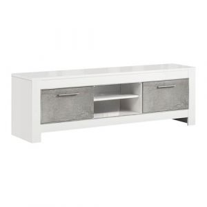 DENAE - Meuble TV 2 Portes L160cm Laqu&eacute; Blanc Brillant et Gris Marbr&eacute; - Altobuy