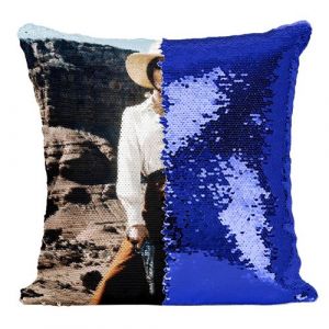 Fabulous Coussin avec Housse Sequin - Paillettes Bleu Femme Cowboy Western Revolver [40 x 40 cm]