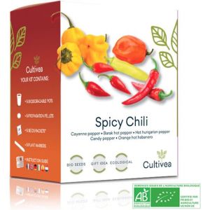 Cultivea® Kit Prêt à Pousser Piment - Graines 100% biologiques - Jardinez et dégustez - Idée Cadeau (Piment de Cayenne, Piment Fort Barak, Piment Hungarian, Piment Bonbon, Piment Habanero Orange)