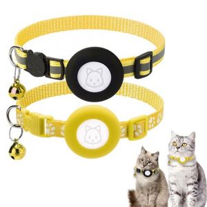 2PCS Collier Chat Airtag FONGWAN avec Airtag Support, Cloche et Boucle de S&eacute;curit&eacute;, R&eacute;fl&eacute;chissant R&eacute;glable - Jaune