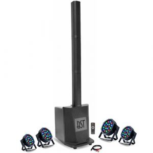 Pack Sono Enceinte colonne avec caisson 480W RMS 10/25cm BST MEGAMAX-TOWER - 4 Projecteur RGB 18 x 1W - Soirée Ambiance Fête DJ