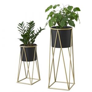 Set de 2 Supports de Plante Cache-Pot Pot de Fleur Bac à Fleurs Vase Métal Couleur Laiton et Noir Tailles Différentes [en.casa]