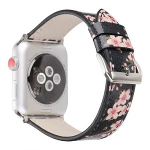 Bracelet de montre en cuir motif de fleurs pour Apple Watch Series 6/ SE/ 5/ 4 44mm - Noir