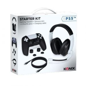Pack Starter Casque Gaming Konix pour PS5&trade; Noir et Blanc + Coque de manette en silicone + Appui-pouce