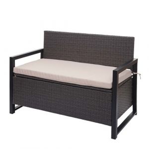 Banc 2 places en poly rotin MENDLER HWC-F39, banc coffre, gris, coussins beige