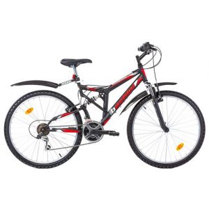 V&eacute;lo VTT 26'' BACHINI (Noir & Rouge)Tout Suspendu &eacute;quip&eacute; de 18 Vitesses avec transmission Shimano & Freins V-Brake composite noire