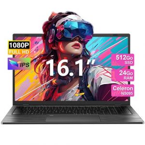 16.1PC portable ,Intel Celeron N5095(4C/4T,Jusqu'à 2,9 GHz),24Go RAM DDR4 512Go SSD,Windows 11Pro,Ordinateur