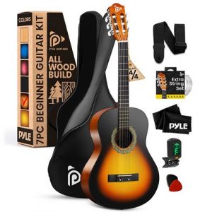 Pyle Guitare Classique 99 cm &ndash; 6 Cordes, Accordeur Num&eacute;rique, Bois Fait Main, Design D&eacute;butant, Sunburst Teardrop, Surface Polie Brillante