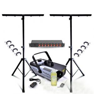Pack Lumière DJ 2 Pieds Mooving Light ML-SUPPORT-DJLIGHT - 8 Crochets - Machine à Fumée Ibiza 1200W - Dispatching 8 Voies