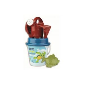 Seau de plage save the sea animaux marins 17 cm + moule  pelle  rateau  tamis  arrosoir - plastique recycle - jouets de sable