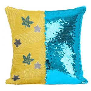Fabulous Coussin avec Housse Sequin - Paillettes Turquoise Feuille d'erable Motif Japonais Jaune [40 x 40 cm]