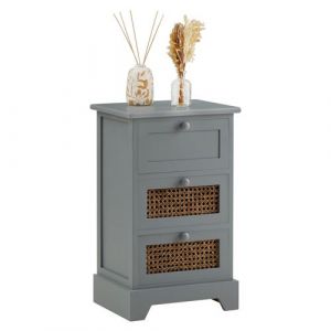 Chiffonnier ROSHNI 3 tiroirs, petit meuble de rangement design vintage élégant, commode en bois lasuré gris et rotin