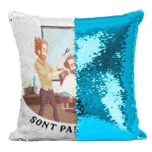Fabulous Coussin avec Housse Sequin - Paillettes Turquoise Les Vrais H&eacute;ros - Coiffeur Barbier Visagiste [40 x 40 cm]