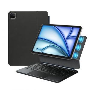 &Eacute;tui Clavier AZERTY pour iPad Air 13" (M3 2025/M2 2024) & iPad Pro 12.9" (2018-2022), Magn&eacute;tique Flottant, 7 Couleurs R&eacute;tro&eacute;clair&eacute;, Noir
