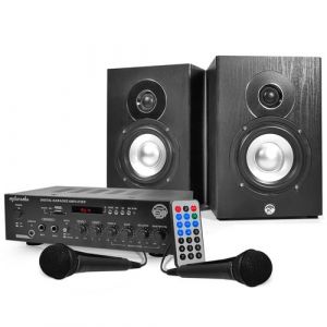 Kit KARAOKE - Ampli 2x75W + 2 Enceintes HiFi 5 + 2 Micros + Tél - MY DEEJAY MY KARAOKE