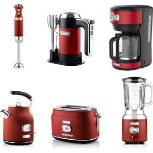 ENSEMBLE RETRO WESTINGHOUSE - Batteur &agrave; main - Mixeur plongeant + Blender + Bouilloire + Grille-pain 2 fentes + Cafeti&egrave;re - Rouge