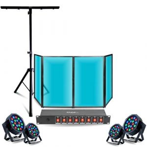 Pack Lumière Facade DJ Lycra Blanc 1200 x 700 - Pied Support Mooving Light - 4 Projecteurs PAR RGB - Dispatching 8 Voies - Soirée