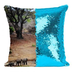 Fabulous Coussin avec Housse Sequin - Paillettes Turquoise Famille D'&Eacute;l&eacute;phant d'Afrique Traversent la Savane [40 x 40 cm]