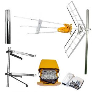 PACK  Antenne rateau + Kit Alimentation + Amplificateur de mat + Fixation murale en U + Mat 1m