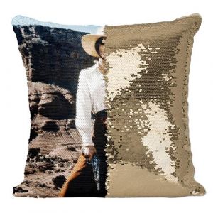 Fabulous Coussin avec Housse Sequin - Paillettes Doré Femme Cowboy Western Revolver [40 x 40 cm]