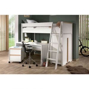 NASH WHITE - Pack Combiné Lit Mezzanine 90x200cm + Pack Bureau Complet - Altobuy